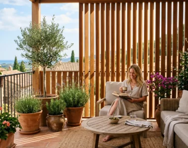 Brise-vue en bois et plantes sur une terrasse extérieure aménagée