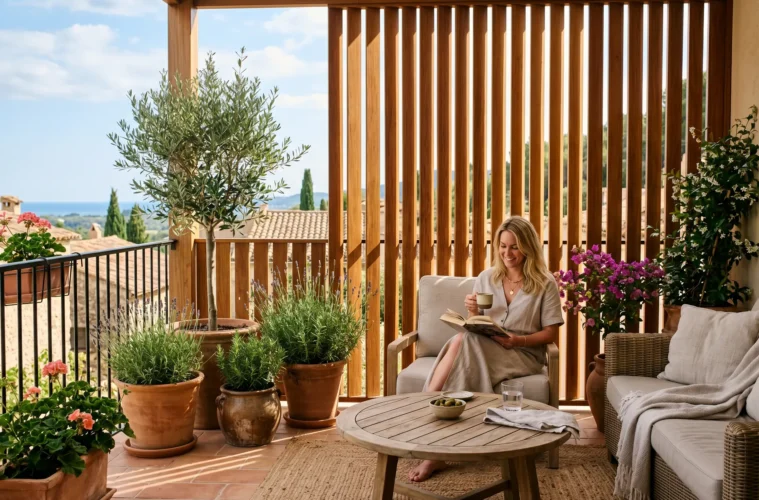 Brise-vue en bois et plantes sur une terrasse extérieure aménagée