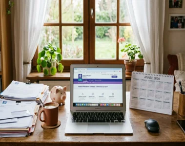 Famille consultant caf.fr sur ordinateur portable avec calendrier 2026