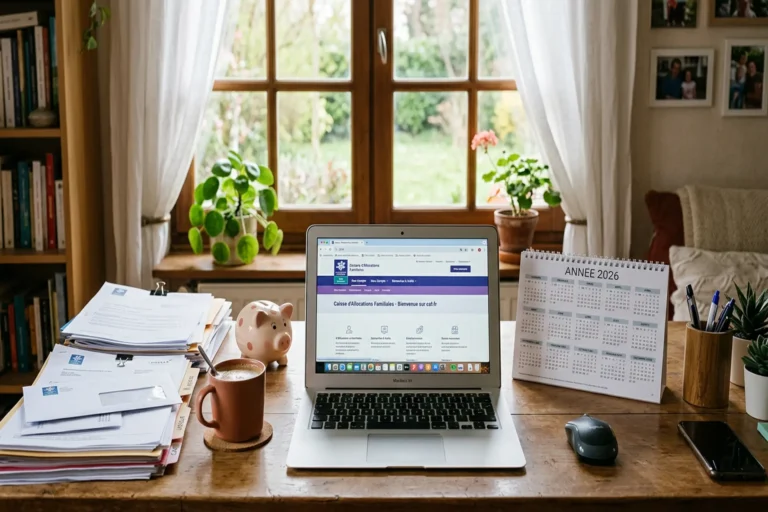 Famille consultant caf.fr sur ordinateur portable avec calendrier 2026