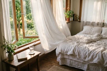 Chambre avec fenetre ouverte, rideaux blancs legers, draps en lin, verre d'eau, atmosphere fraiche matinale, illustration dormir canicule