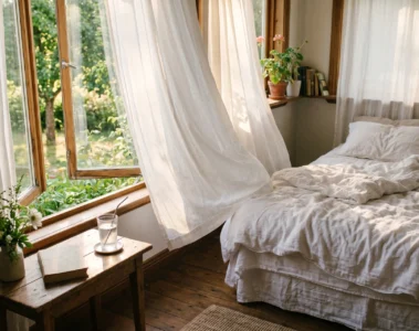 Chambre avec fenetre ouverte, rideaux blancs legers, draps en lin, verre d'eau, atmosphere fraiche matinale, illustration dormir canicule