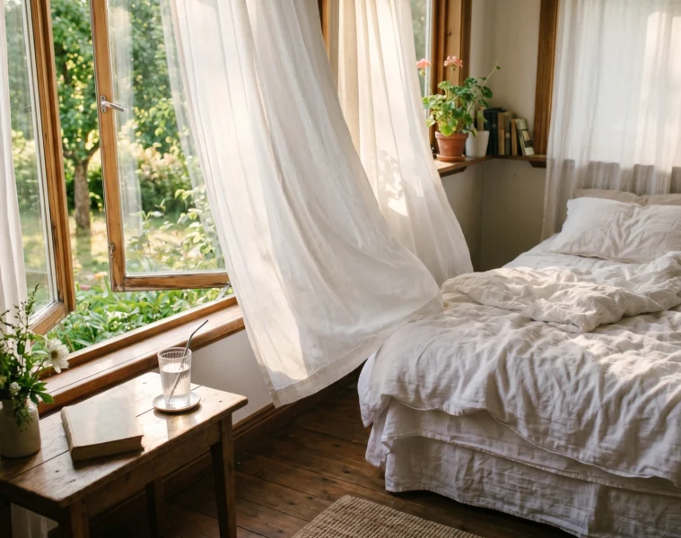 Chambre avec fenetre ouverte, rideaux blancs legers, draps en lin, verre d'eau, atmosphere fraiche matinale, illustration dormir canicule