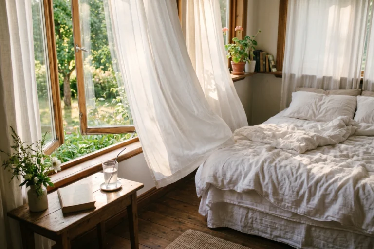 Chambre avec fenetre ouverte, rideaux blancs legers, draps en lin, verre d'eau, atmosphere fraiche matinale, illustration dormir canicule