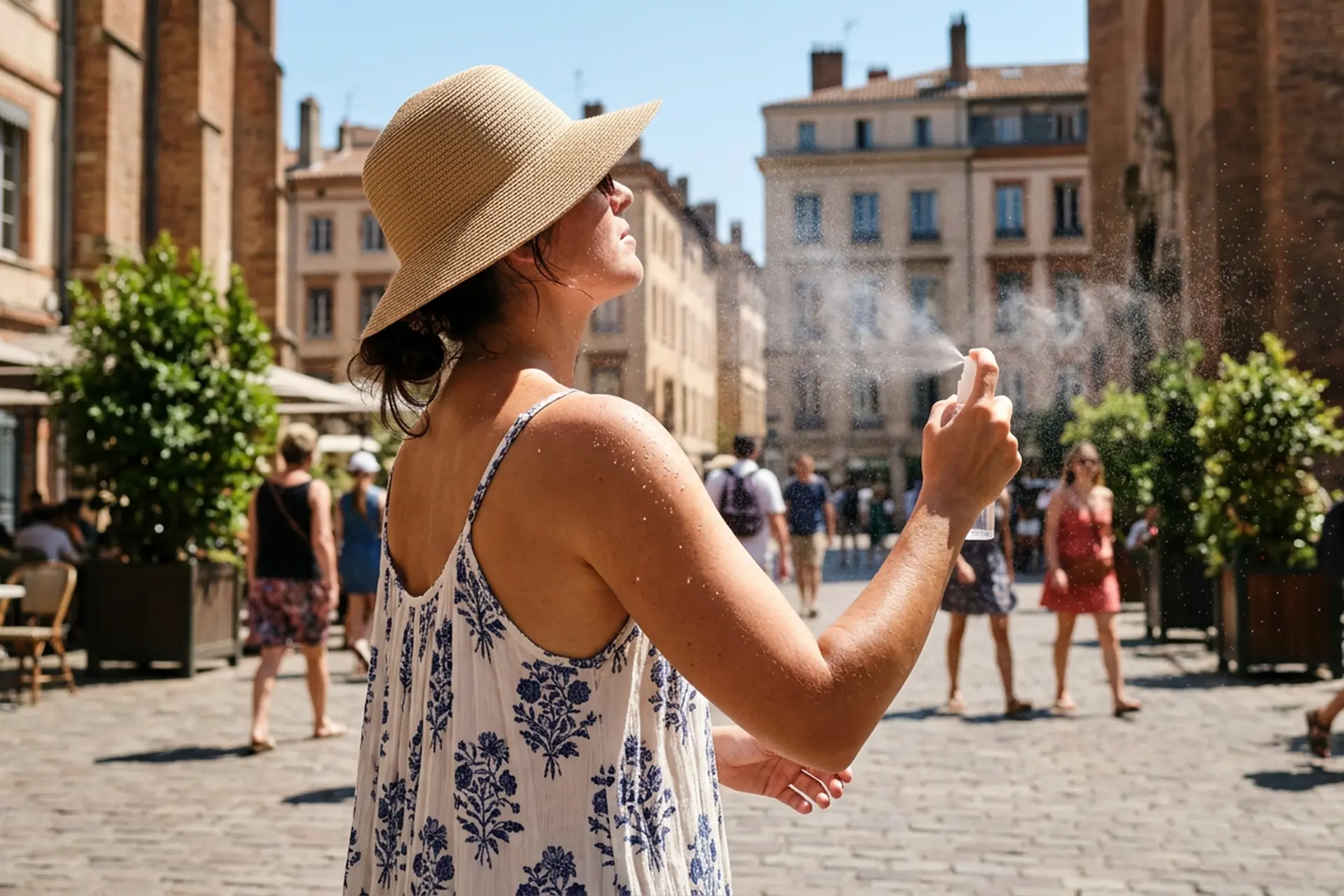 Personne utilisant un brumisateur en été urbain pour se rafraîchir pendant la canicule