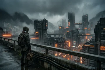 Chien 51 (2026) - figure avec implant métallique dans un paysage dystopique auvergnat