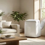 Climatiseur mobile blanc moderne dans un salon lumineux et élégant en été