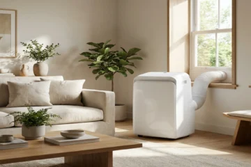 Climatiseur mobile blanc moderne dans un salon lumineux et élégant en été