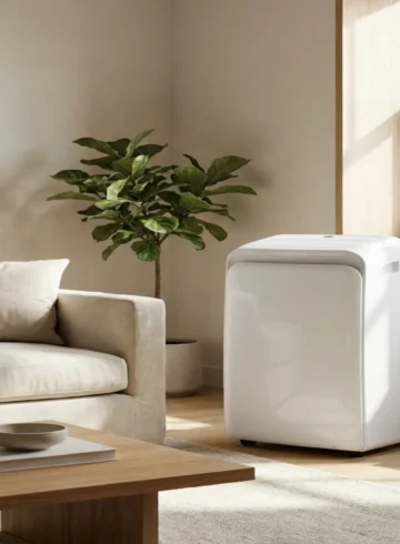 Climatiseur mobile blanc moderne dans un salon lumineux et élégant en été