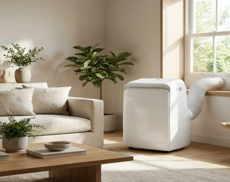 Climatiseur mobile blanc moderne dans un salon lumineux et élégant en été