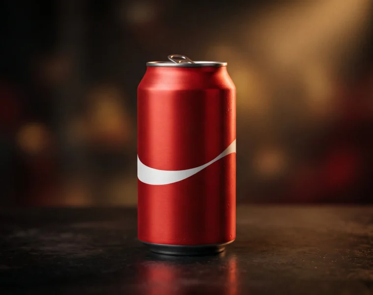 Canette de soda rouge stylisee isolee avec bande blanche ondulee, illustration de la rupture 2026