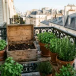 Lombricomposteur en bois ouvert sur un balcon parisien, avec vers de compost rouges et plantes aromatiques