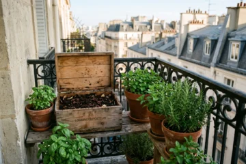 Lombricomposteur en bois ouvert sur un balcon parisien, avec vers de compost rouges et plantes aromatiques