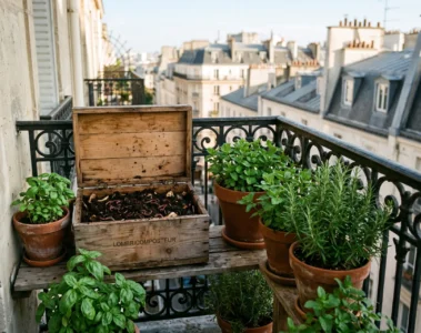 Lombricomposteur en bois ouvert sur un balcon parisien, avec vers de compost rouges et plantes aromatiques