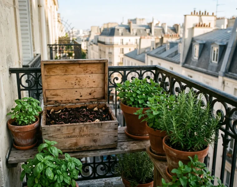 Lombricomposteur en bois ouvert sur un balcon parisien, avec vers de compost rouges et plantes aromatiques