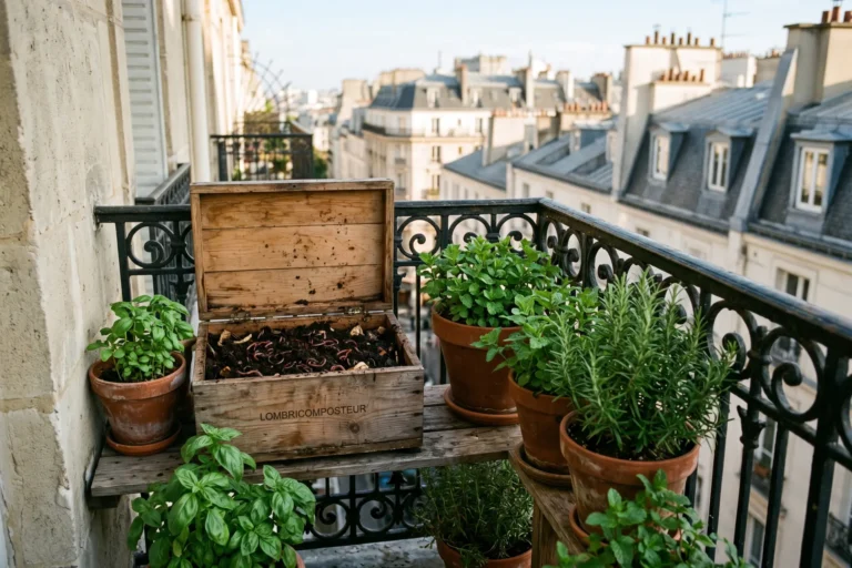 Lombricomposteur en bois ouvert sur un balcon parisien, avec vers de compost rouges et plantes aromatiques