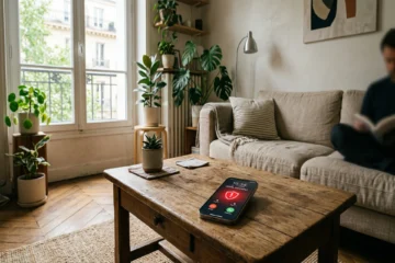 Smartphone sur une table en bois affichant un appel d un numero inconnu avec icone d avertissement rouge - lutter contre le demarchage telephonique 2026