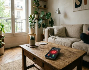Smartphone sur une table en bois affichant un appel d un numero inconnu avec icone d avertissement rouge - lutter contre le demarchage telephonique 2026