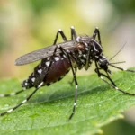 Gros plan macro sur un moustique tigre (Aedes albopictus) posé sur une feuille verte, rayures noires et blanches distinctives sur les pattes