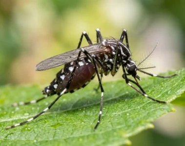 Gros plan macro sur un moustique tigre (Aedes albopictus) posé sur une feuille verte, rayures noires et blanches distinctives sur les pattes