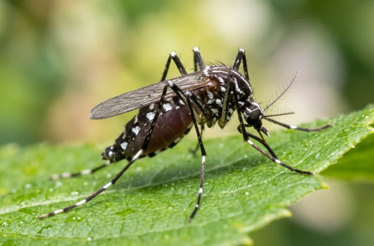 Gros plan macro sur un moustique tigre (Aedes albopictus) posé sur une feuille verte, rayures noires et blanches distinctives sur les pattes