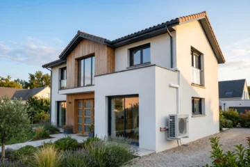 Maison française moderne avec pompe à chaleur air-air split blanc montée en façade, lumière dorée été