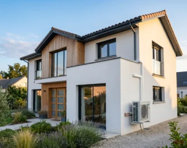 Maison française moderne avec pompe à chaleur air-air split blanc montée en façade, lumière dorée été