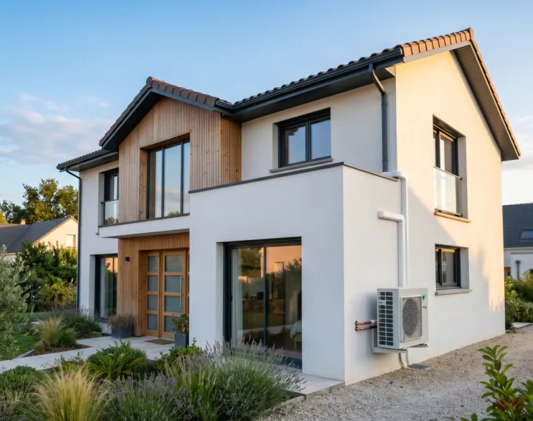 Maison française moderne avec pompe à chaleur air-air split blanc montée en façade, lumière dorée été