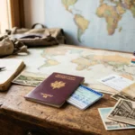 Passeport francais et carte d identite francaise poses sur un bureau de voyage avec carte du monde en arriere-plan
