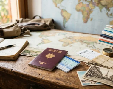 Passeport francais et carte d identite francaise poses sur un bureau de voyage avec carte du monde en arriere-plan