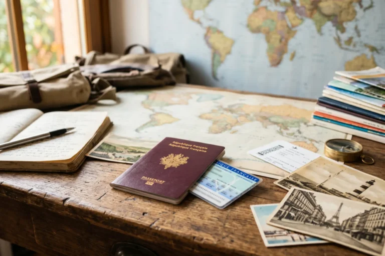 Passeport francais et carte d identite francaise poses sur un bureau de voyage avec carte du monde en arriere-plan