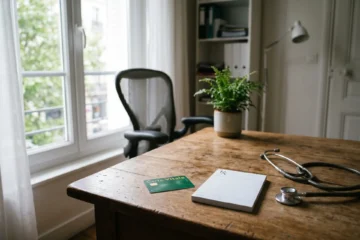 Bureau de consultation medicale francais avec stethoscope, ordonnance et carte Vitale