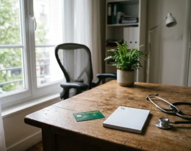 Bureau de consultation medicale francais avec stethoscope, ordonnance et carte Vitale