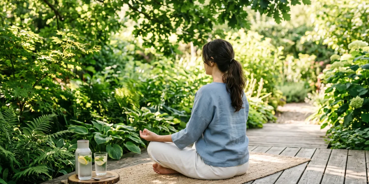 Scene de meditation paisible en ete avec verre d eau froide
