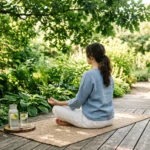 Stress et chaleur : comment garder son calme en période canicule Scene de meditation paisible en ete avec verre d eau froide