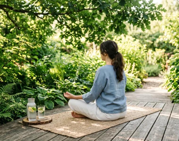 Scene de meditation paisible en ete avec verre d eau froide