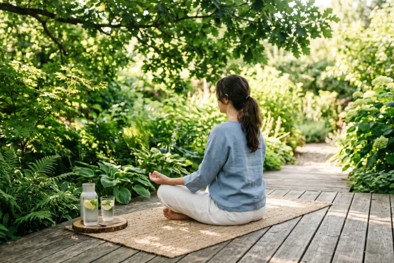 Scene de meditation paisible en ete avec verre d eau froide