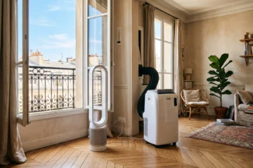 Comparaison ventilateur colonne Dyson et climatiseur mobile Klarstein dans un appartement parisien en pleine canicule