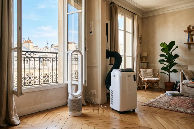 Comparaison ventilateur colonne Dyson et climatiseur mobile Klarstein dans un appartement parisien en pleine canicule