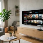 Boîtier TV Android 4K connecté à une TV OLED 65 pouces dans un salon moderne