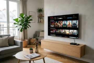 Boîtier TV Android 4K connecté à une TV OLED 65 pouces dans un salon moderne