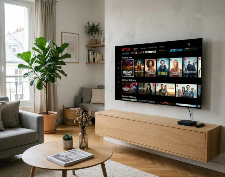 Boîtier TV Android 4K connecté à une TV OLED 65 pouces dans un salon moderne