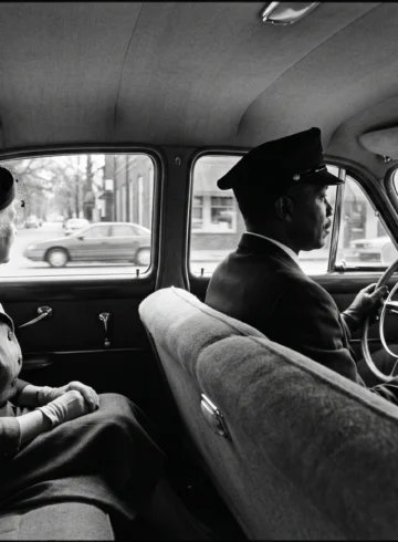 Scene du film Miss Daisy et son chauffeur 1989, vieille Packard a Atlanta avec chauffeur afro-americain en uniforme