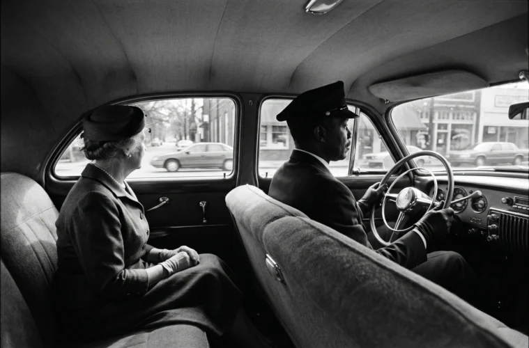 Scene du film Miss Daisy et son chauffeur 1989, vieille Packard a Atlanta avec chauffeur afro-americain en uniforme
