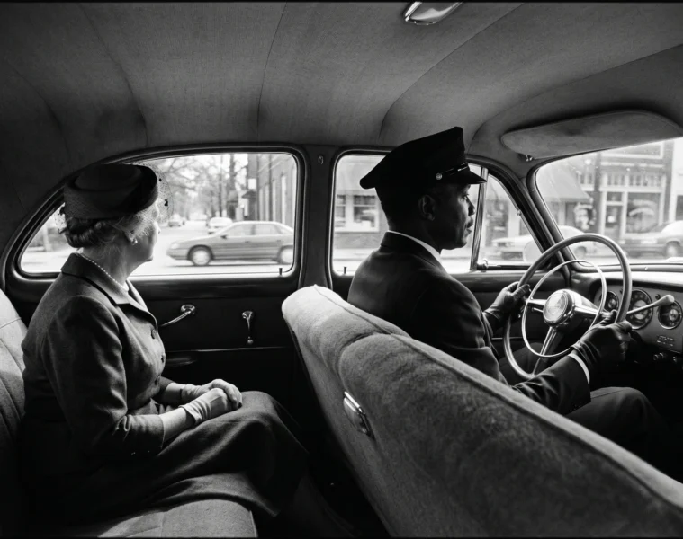 Scene du film Miss Daisy et son chauffeur 1989, vieille Packard a Atlanta avec chauffeur afro-americain en uniforme
