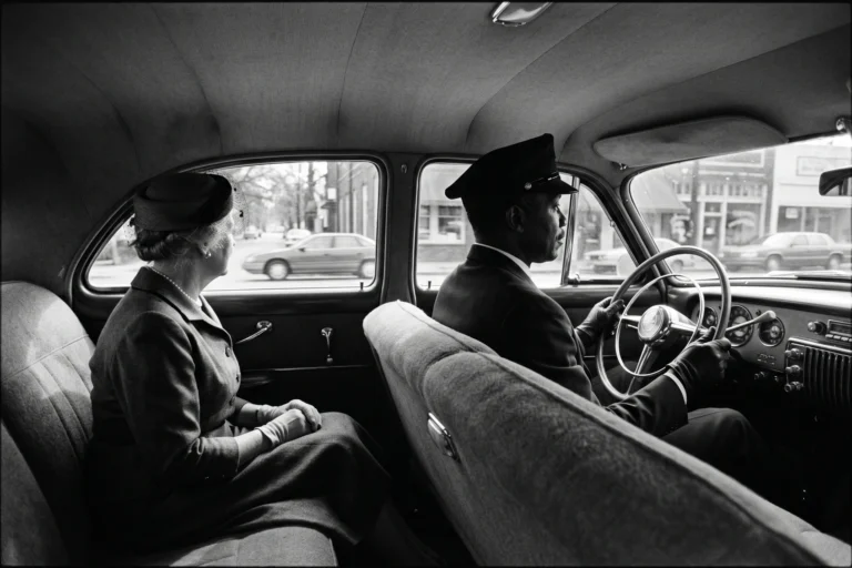 Scene du film Miss Daisy et son chauffeur 1989, vieille Packard a Atlanta avec chauffeur afro-americain en uniforme