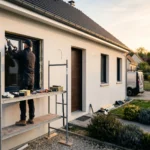 MaPrimeRénov’ 2026 : Guide Complet des Aides pour Rénover Sa Maison Façade d'une maison française en cours de rénovation énergétique : installateur RGE posant des fenêtres triple vitrage sur un échafaudage, golden hour, palette orange et bleu nuit