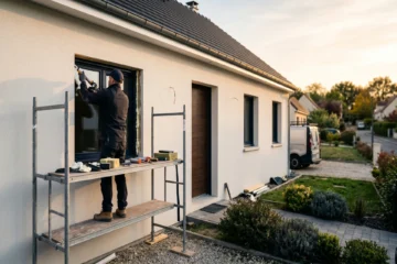 Façade d'une maison française en cours de rénovation énergétique : installateur RGE posant des fenêtres triple vitrage sur un échafaudage, golden hour, palette orange et bleu nuit