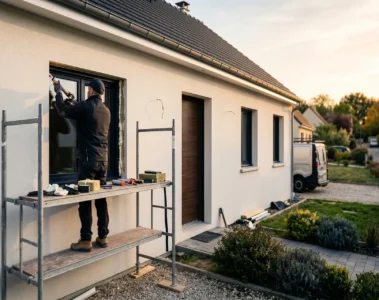 Façade d'une maison française en cours de rénovation énergétique : installateur RGE posant des fenêtres triple vitrage sur un échafaudage, golden hour, palette orange et bleu nuit