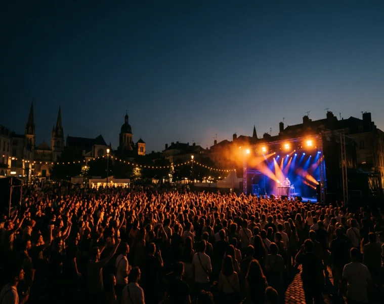 Foule compacte face a une scene de concert en plein air lors de la fete de la musique, eclairage scenique orange et bleu nuit
